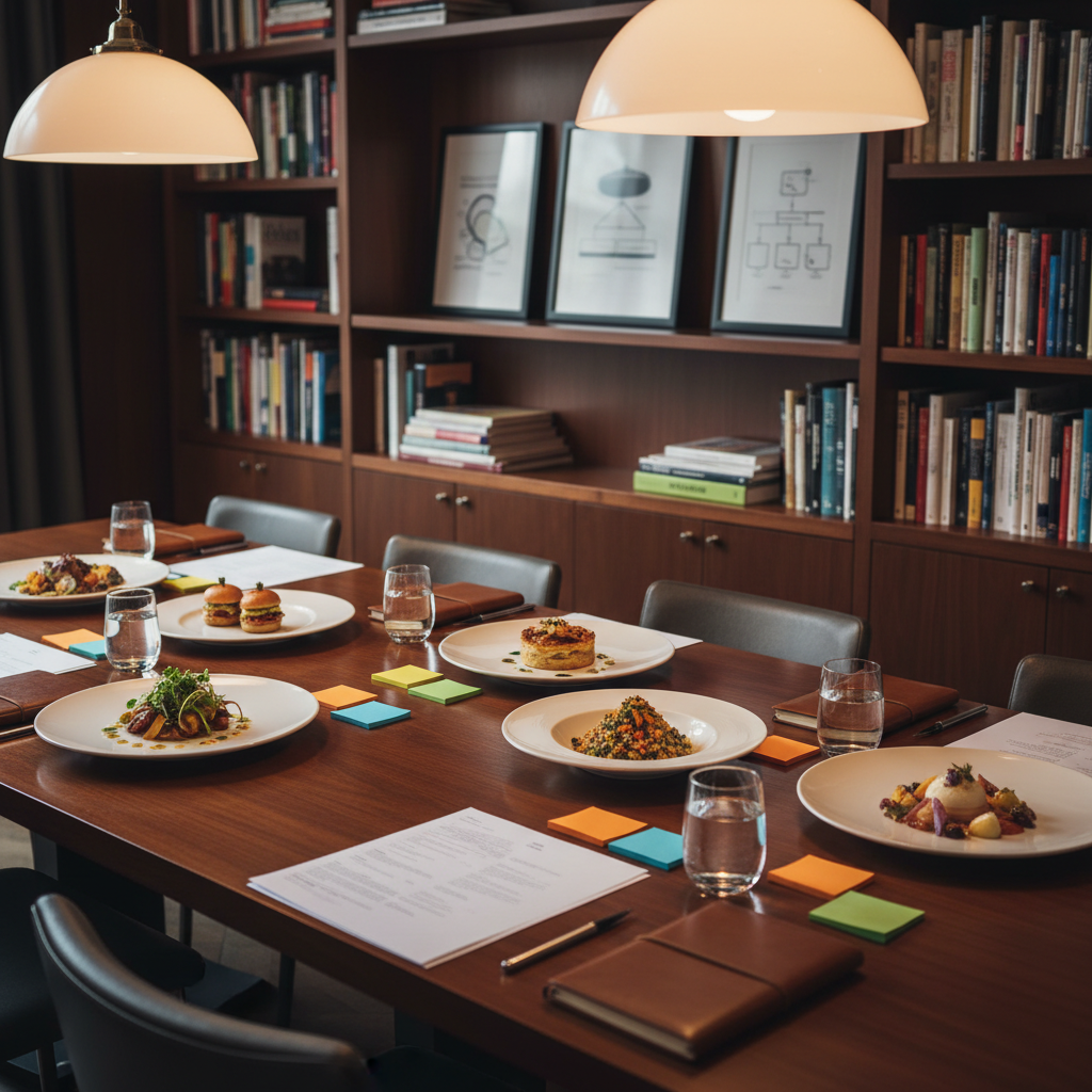A polished wooden conference table set for a food strategy workshop, covered with neatly stacked printed briefs (no readable text), color-coded sticky notes, and several large white ceramic plates each holding carefully plated sample dishes in different stages of development. Beside them, clear glass tumblers of water and a closed leather notebook with a sleek metal pen rest in orderly positions. Tall shelves of culinary reference books and minimal framed food process diagrams line the background. Warm overhead pendant lighting casts even, inviting illumination, with soft shadows under plates and papers. Captured from a slightly elevated three-quarter angle using photographic realism, the composition uses the rule of thirds to balance the table and background. The atmosphere feels focused, collaborative, and distinctly professional, emphasizing thoughtful food consultation rather than casual dining.