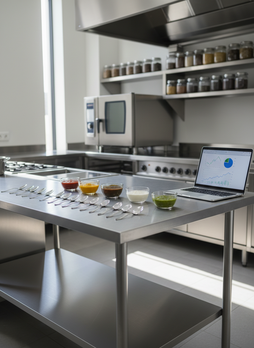 A meticulously organized stainless-steel consulting workspace in a modern test kitchen, with a central, spotless metal worktable covered in neatly arranged tasting spoons, small glass sample bowls of vibrant sauces, and a slim open laptop displaying graphs and charts (screen content abstracted). Surrounding the table are professional-grade ovens, induction hobs, and a wall of labeled ingredient jars. Soft, diffused daylight pours in from a high side window, creating gentle reflections on the steel and subtle shadows on the tiled floor. Shot at eye level with a slightly wide angle and shallow depth of field, the foreground table in crisp focus and the background gear softly blurred. The mood is professional, analytical, and calm, in clean, photographic realism suitable for food industry consulting.