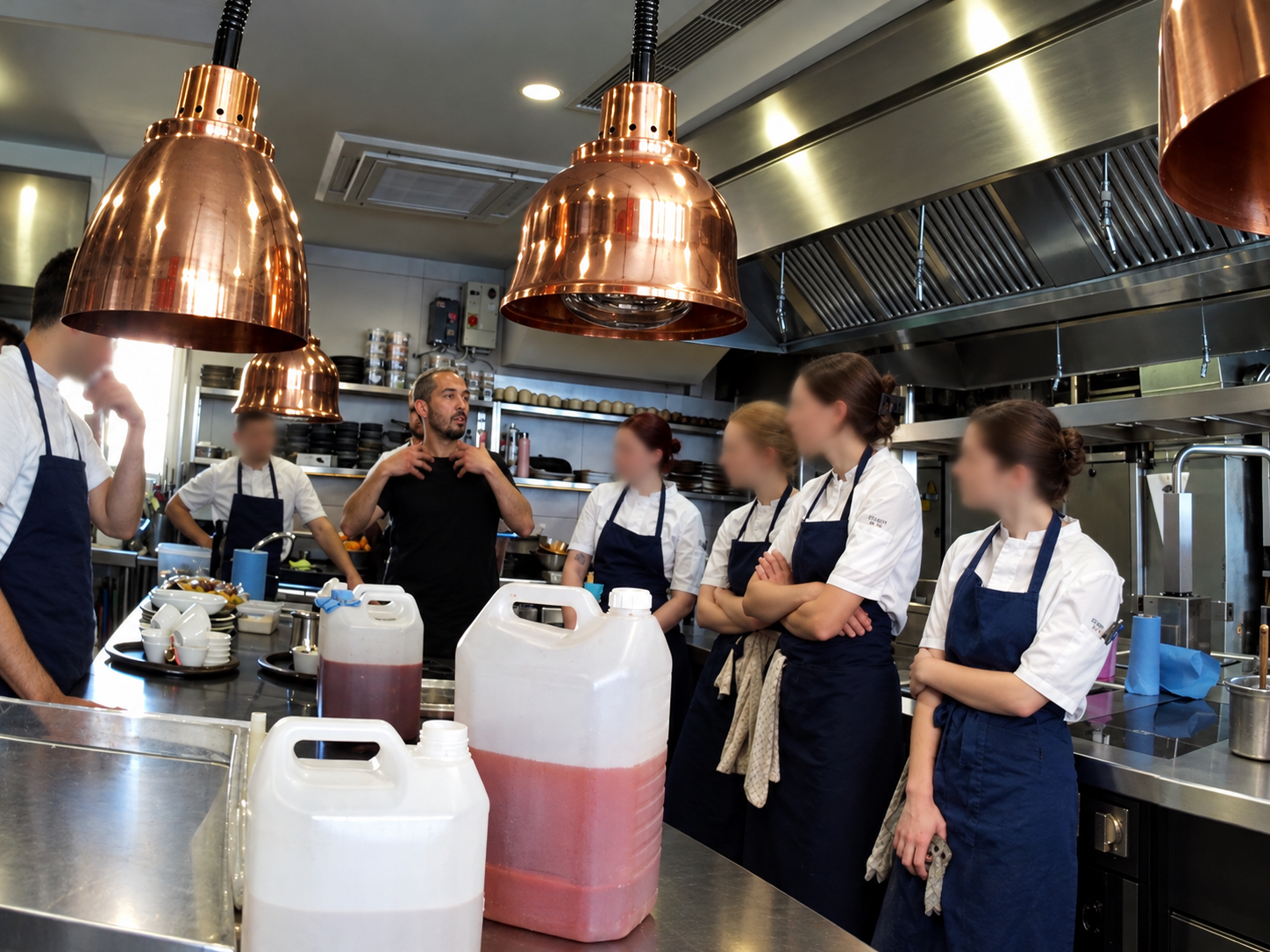 Kitchen Briefing Beneath Copper Lamps